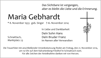 Traueranzeige von Maria Gebhardt von Pegnitz-Zeitung